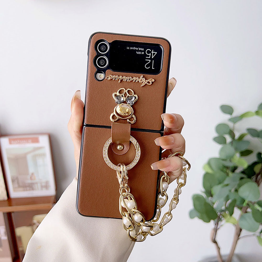 Rhinestone Bear Pearl Bracelet Phone Case For Samsung Galaxy Z Flip3 Flip4 5G