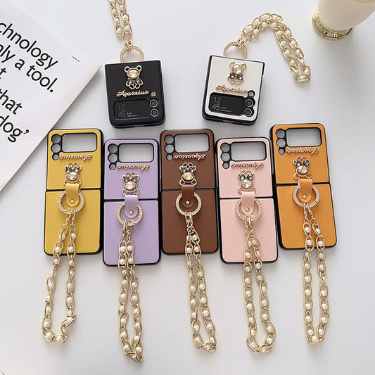 Rhinestone Bear Pearl Bracelet Phone Case For Samsung Galaxy Z Flip3 Flip4 5G