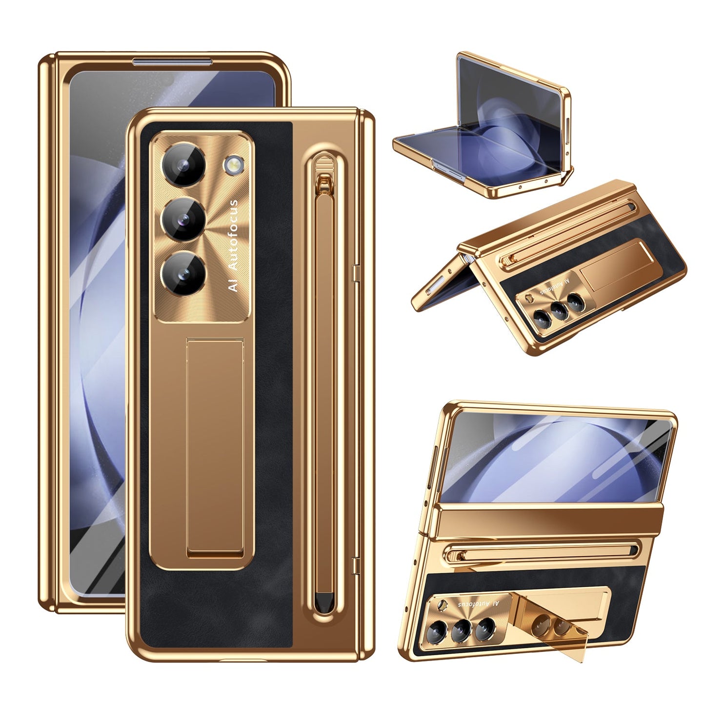 Leather Golden Electroplated Phone Case With Back Screen Glass and Stylus For Galaxy Z Fold 6/5/4