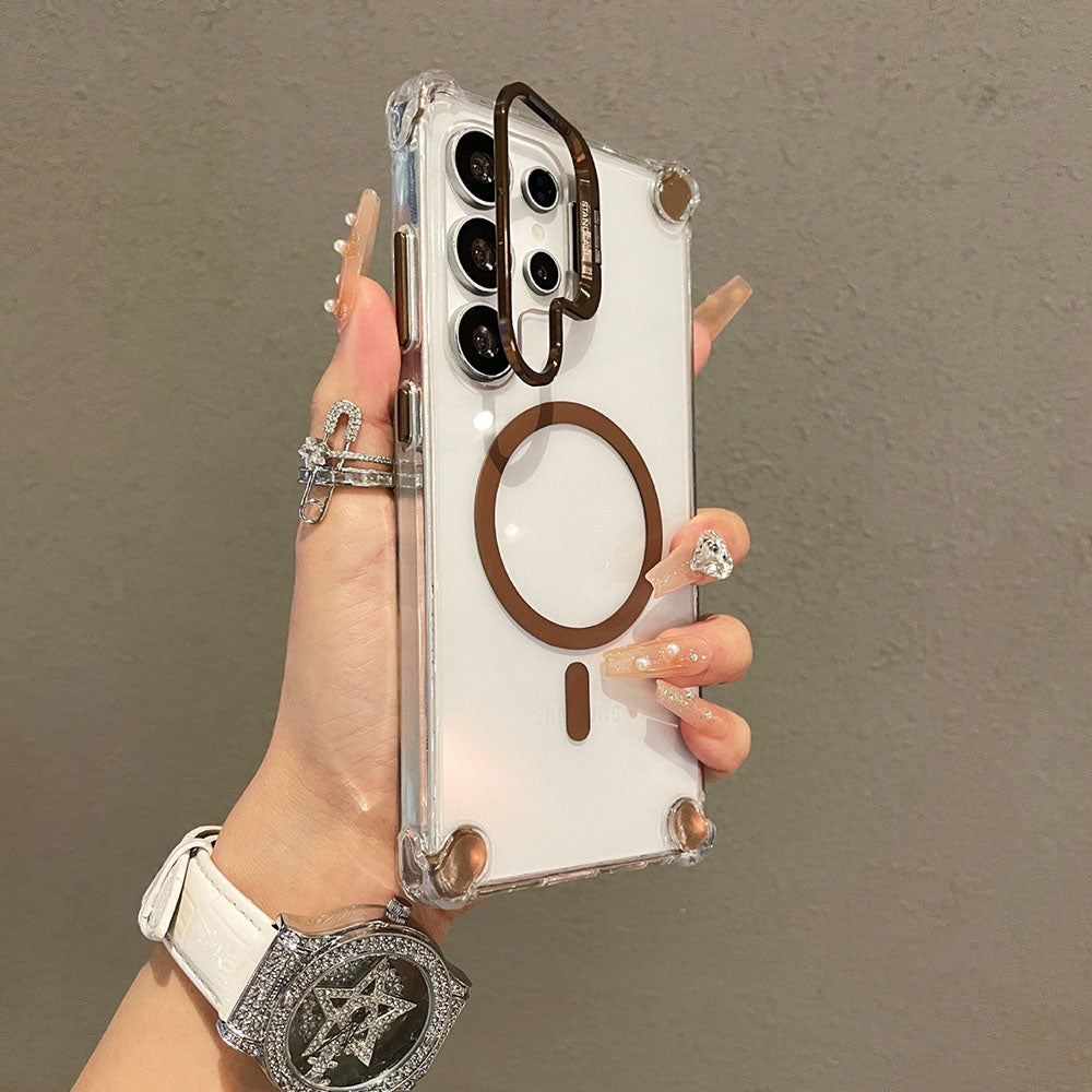 Metal Magnetic Lens Protection Bracket Transparent Phone Case For Samsung Galaxy