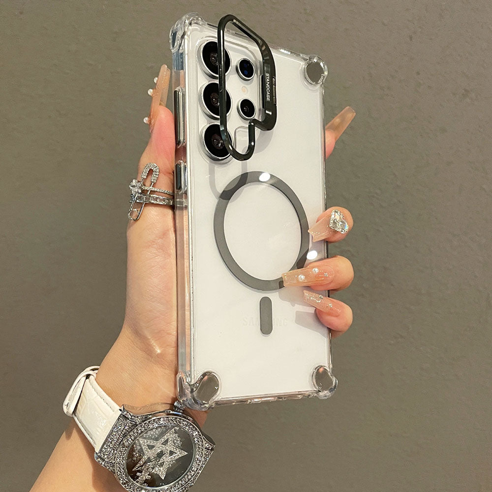 Metal Magnetic Lens Protection Bracket Transparent Phone Case For Samsung Galaxy