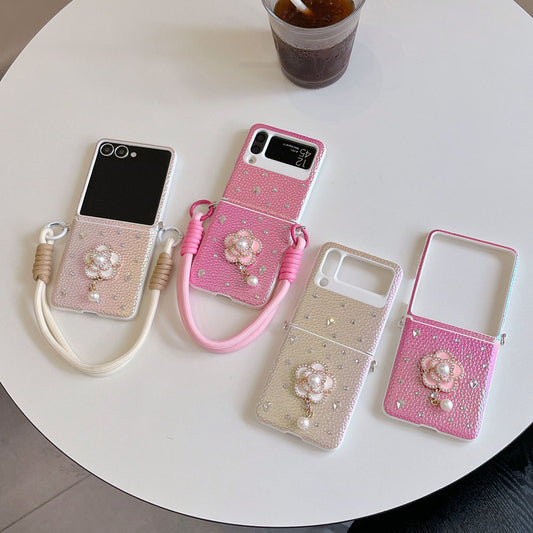 Luxury Leather Diamond Pearl Camellia Phone Case For Samsung Galaxy Z Flip 7/6/5/4/3