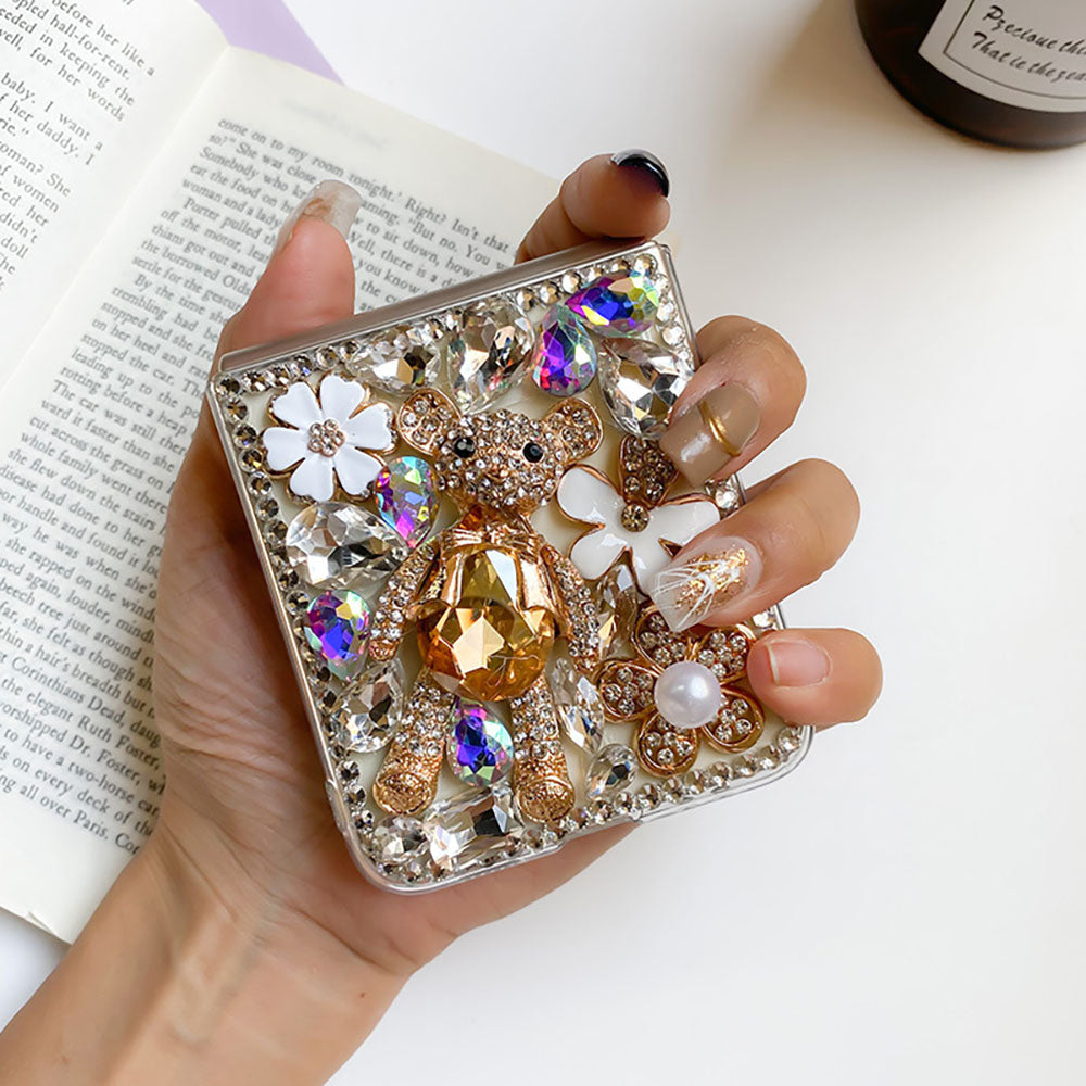 Luxurious Rhinestone Flower Bear Phone Case For Samsung Galaxy Z Flip4 Flip3 5G