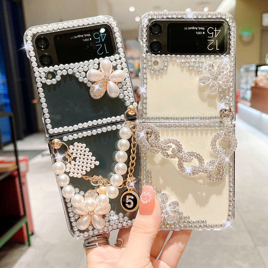 Luxurious Rhinestone Pearl Bracelet Phone Case For Samsung Galaxy Z Flip4 Flip3 5G