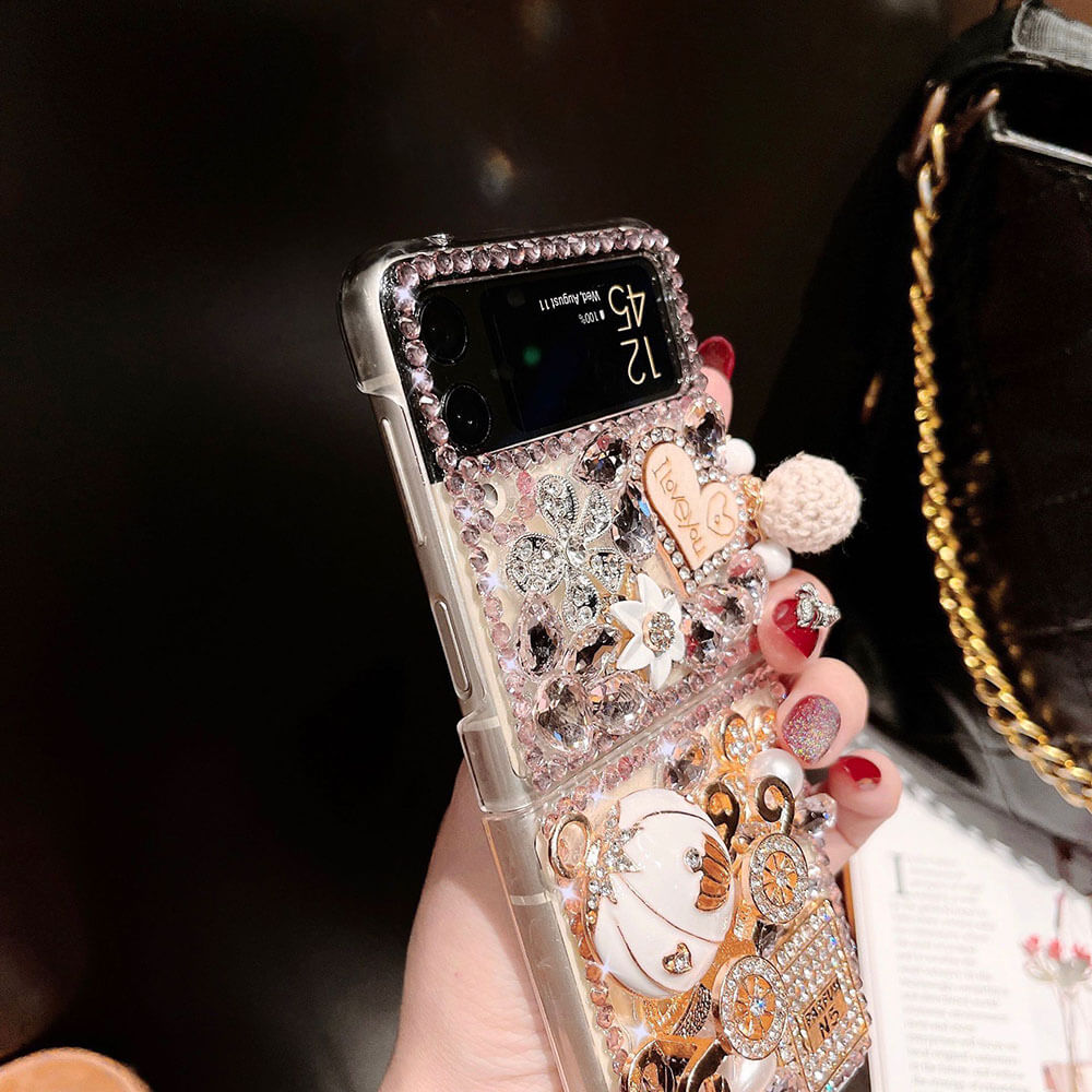 Luxurious Rhinestone Pumpkin Car Phone Case For Samsung Galaxy Z Flip4 Flip3 5G