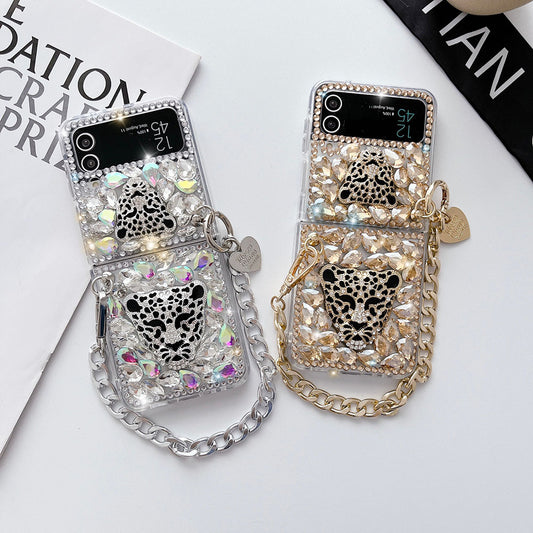 Luxurious Rhinestone Leopard Bracelet Phone Case For Samsung Galaxy Z Flip4 Flip3 5G