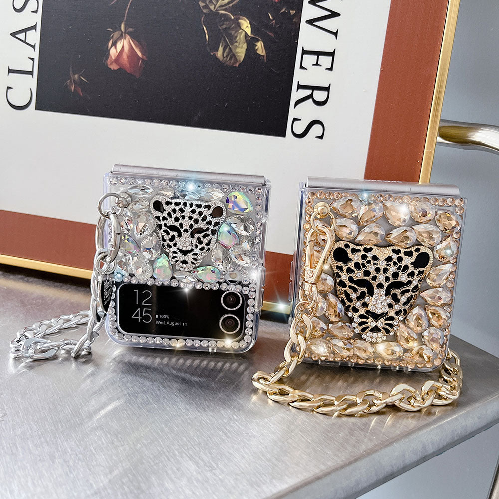 Luxurious Rhinestone Leopard Bracelet Phone Case For Samsung Galaxy Z Flip4 Flip3 5G