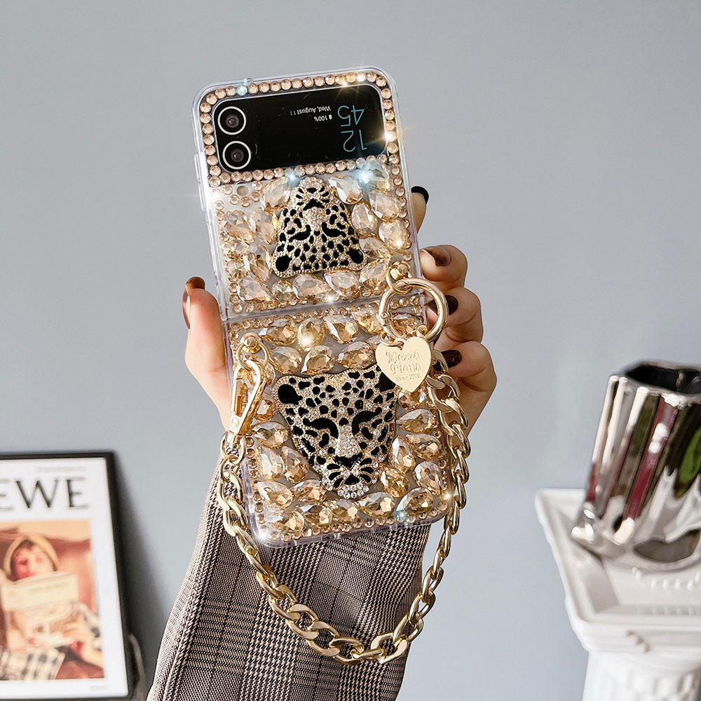 Luxurious Rhinestone Leopard Bracelet Phone Case For Samsung Galaxy Z Flip4 Flip3 5G