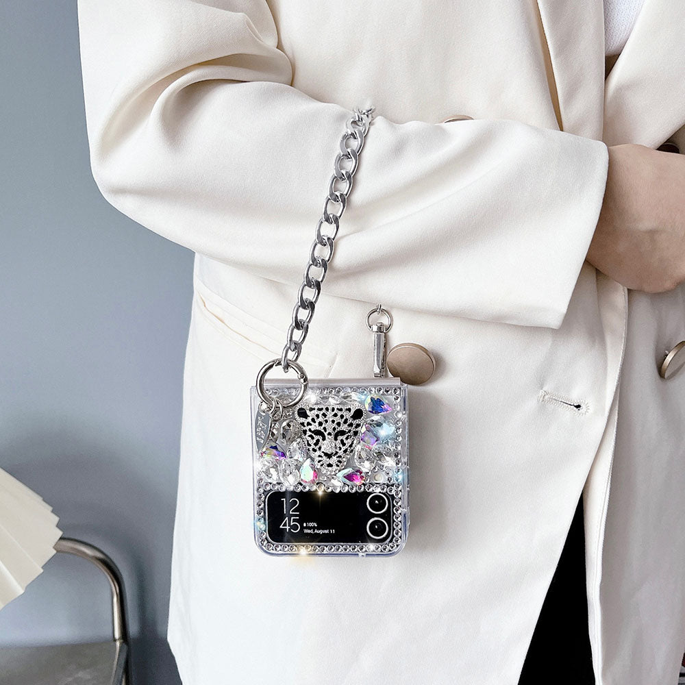 Luxurious Rhinestone Leopard Bracelet Phone Case For Samsung Galaxy Z Flip4 Flip3 5G