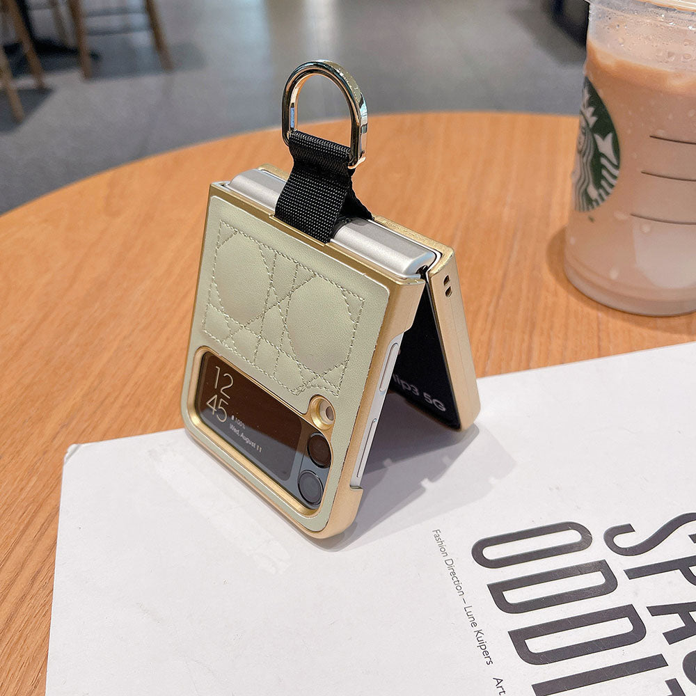 Ring Buckle Folding Screen Rhombus Leather Phone Case For Samsung Galaxy Flip5 Flip4 Flip3