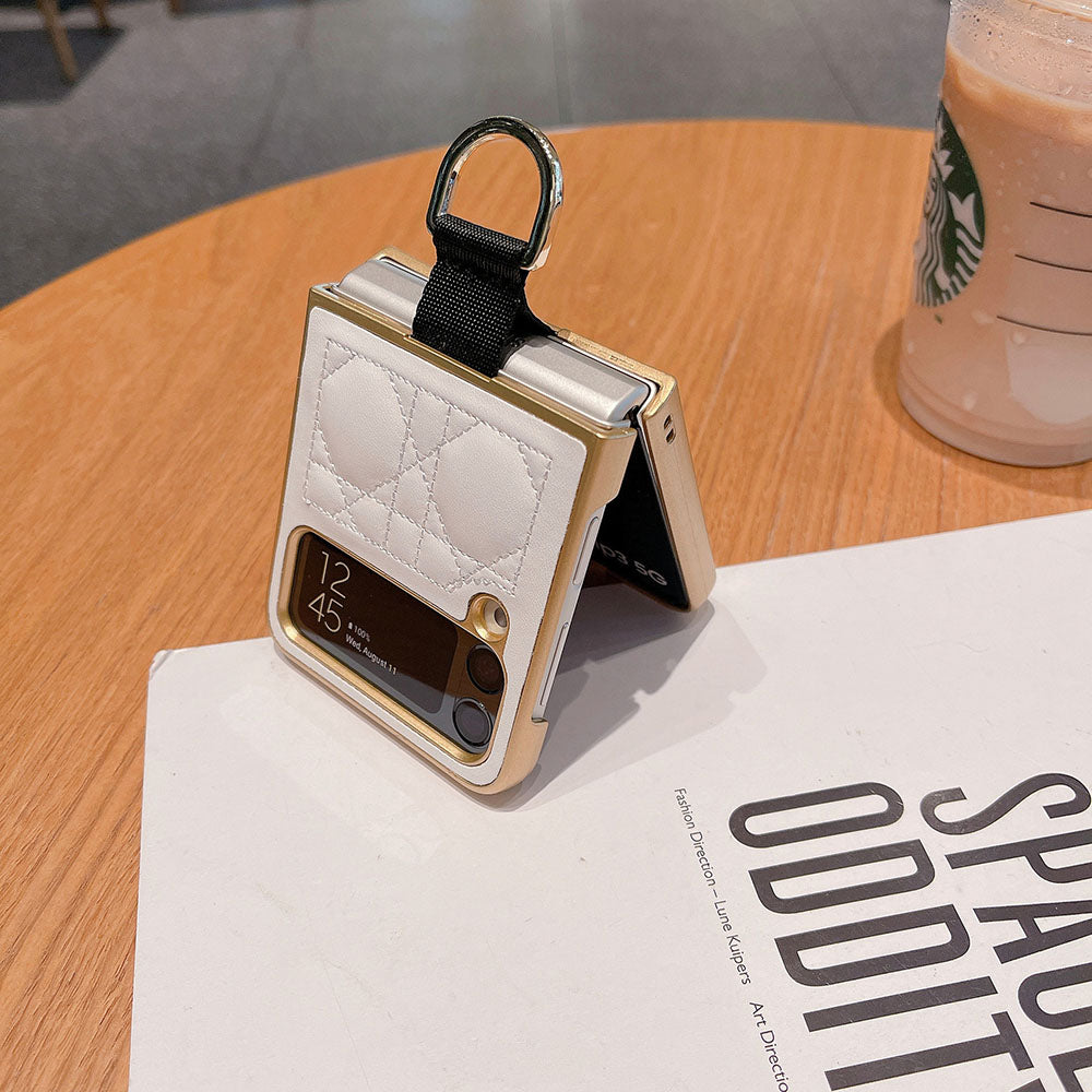 Ring Buckle Folding Screen Rhombus Leather Phone Case For Samsung Galaxy Flip5 Flip4 Flip3