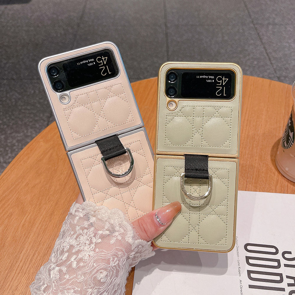 Ring Buckle Folding Screen Rhombus Leather Phone Case For Samsung Galaxy Flip5 Flip4 Flip3