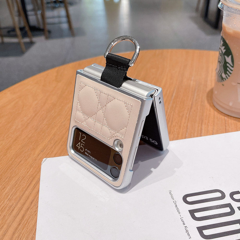 Ring Buckle Folding Screen Rhombus Leather Phone Case For Samsung Galaxy Flip5 Flip4 Flip3