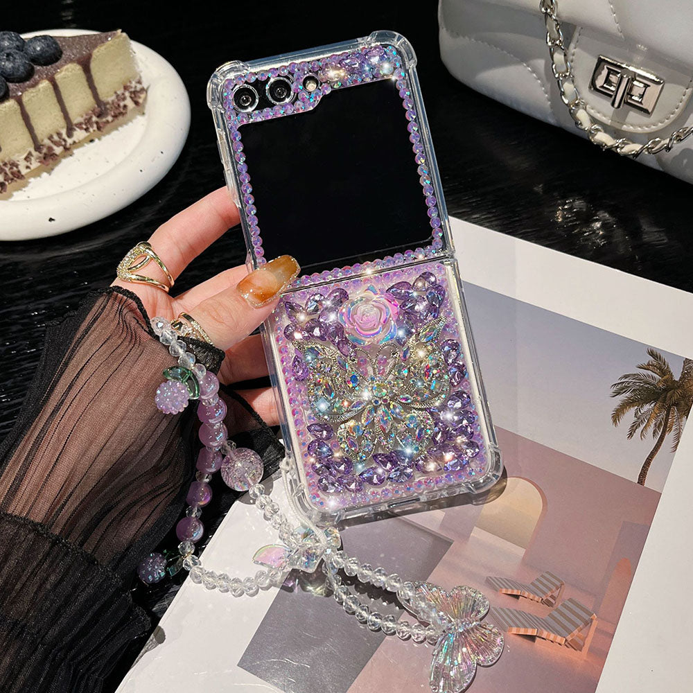 Shiny Diamond Butterfly All Covered Protective Bracelet Phone Case For Samsung Galaxy Z Flip5 Flip4 Flip3