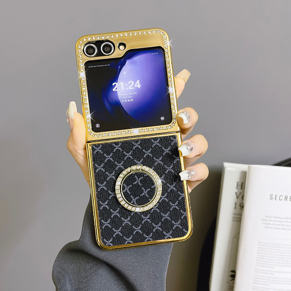 Electroplated Rhinestone Leather Pattern Phone Case For Samsung Galaxy Z Flip5 Flip4 Flip3