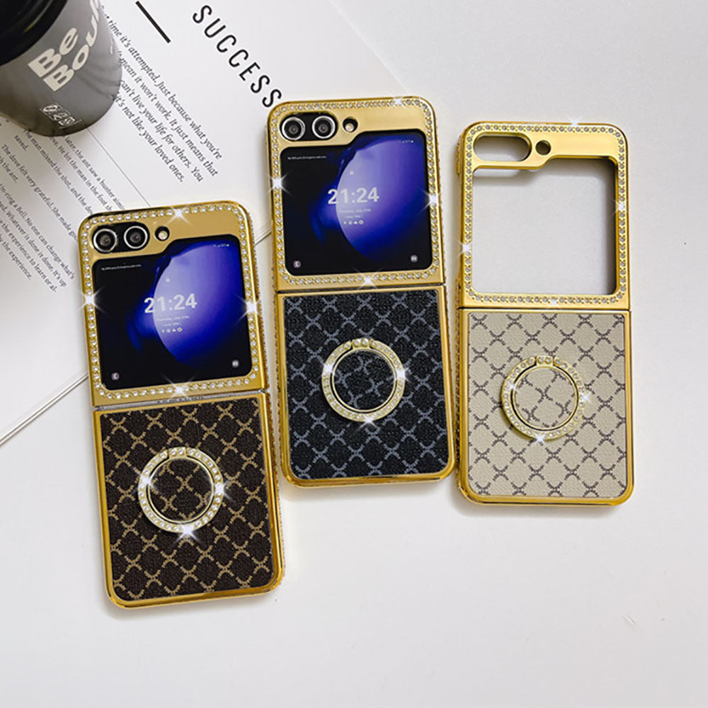 Electroplated Rhinestone Leather Pattern Phone Case For Samsung Galaxy Z Flip5 Flip4 Flip3