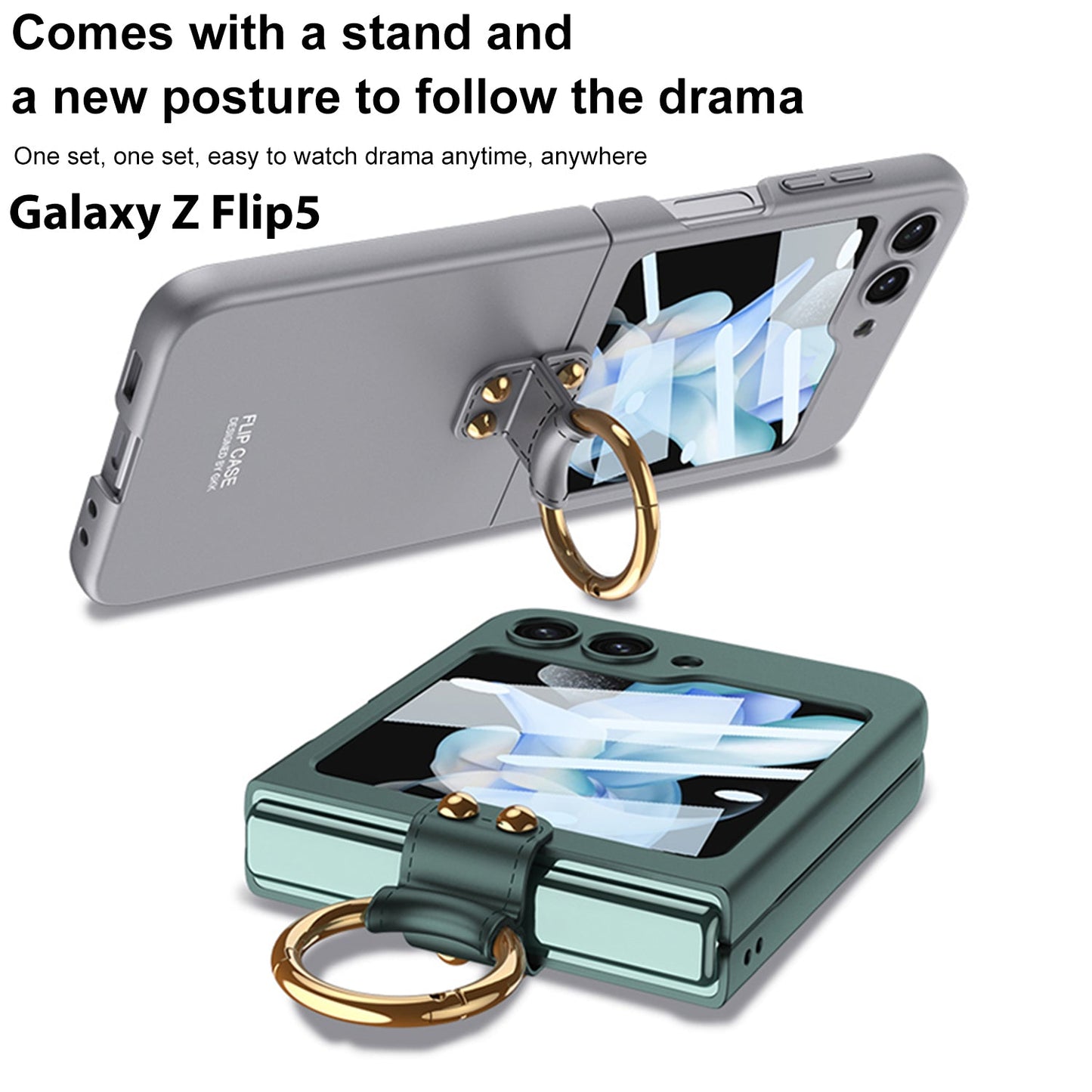 Premium Matte Ring Holder Phone Case With Back Screen Protector For Samsung Galaxy Z Flip5 Flip4 Flip3