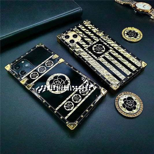 2021 Luxury Brand Black Rose Flower Stripe Glitter Gold Square Case For iPhone & Samsung - GiftJupiter