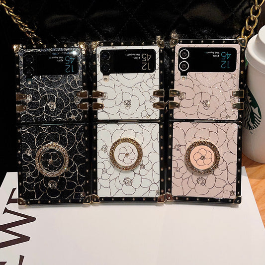 Luxury Brand Camellia Gold Plating Square Case For Samsung Galaxy Z Flip4 Flip3 5G - GiftJupiter