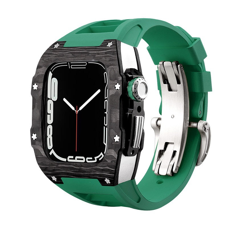 Carbon Fiber And Aviation Titanium Alloy Case With Fluororubber Strap For Apple Watch 44/45 MM
