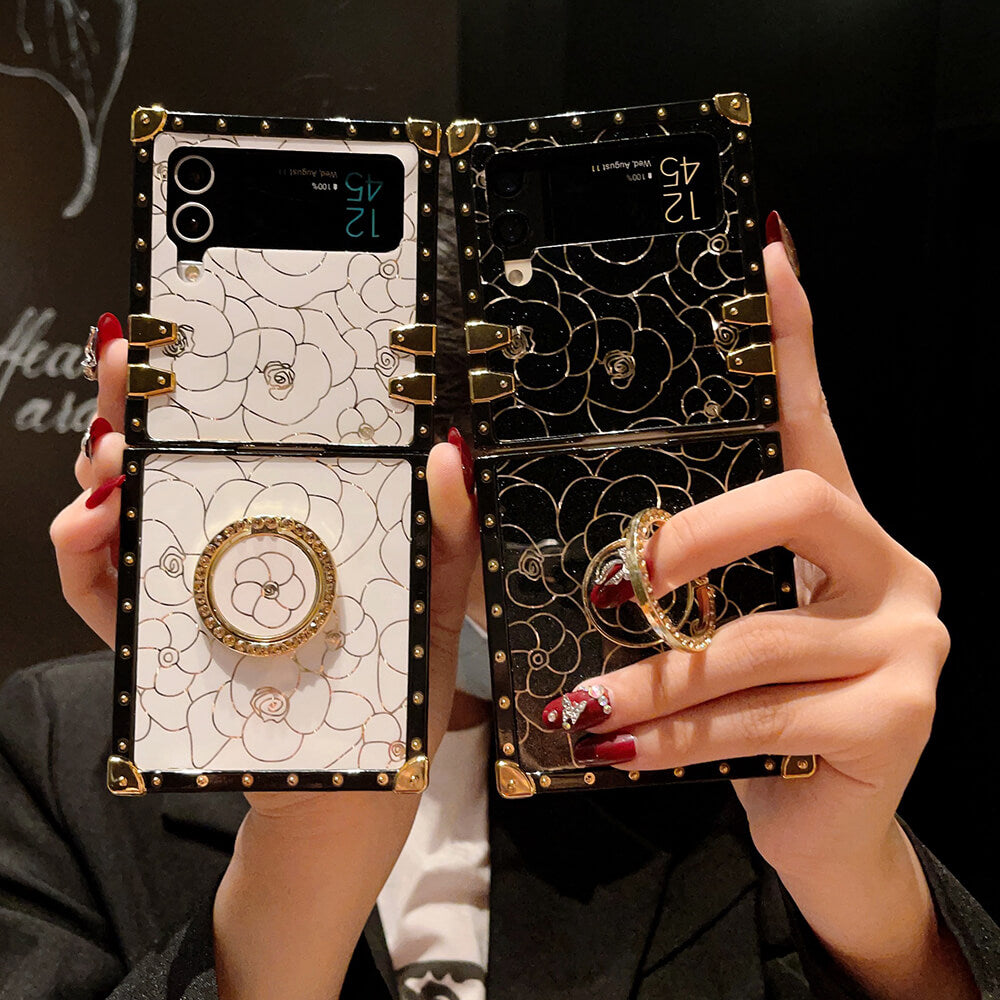 Luxury Brand Camellia Gold Plating Square Case For Samsung Galaxy Z Flip4 Flip3 5G - GiftJupiter