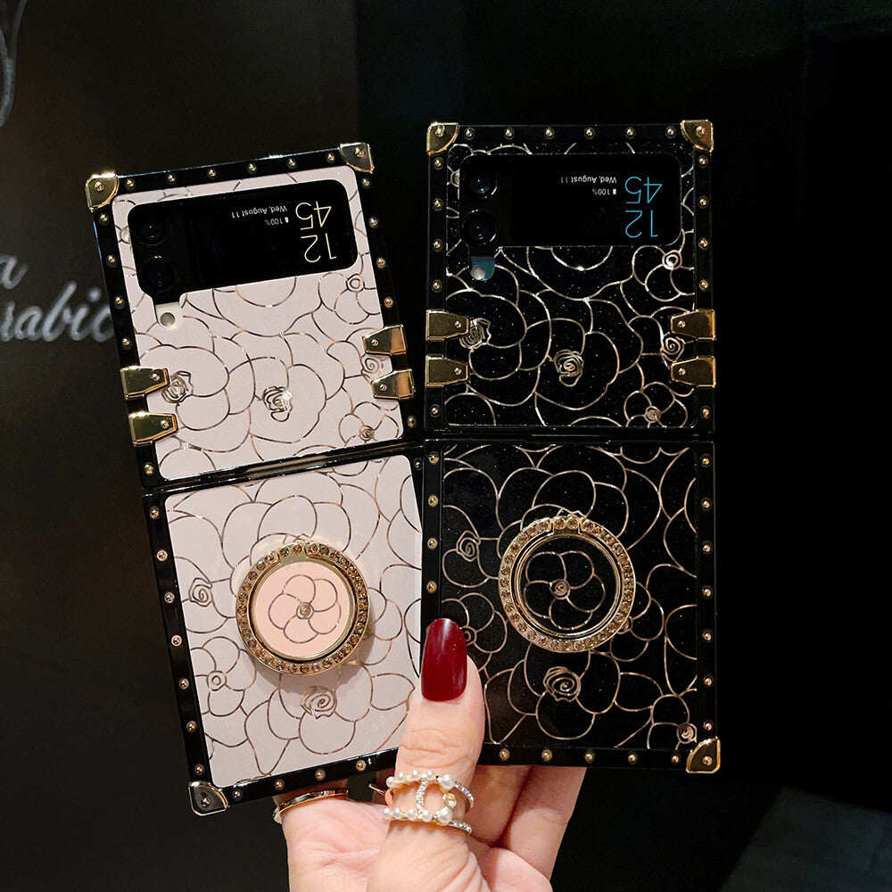 Luxury Brand Camellia Gold Plating Square Case For Samsung Galaxy Z Flip4 Flip3 5G - GiftJupiter