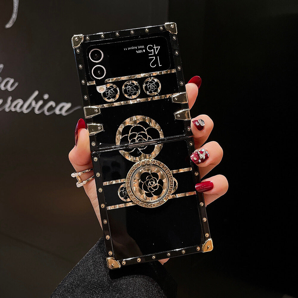 Luxury Brand Black Rose Flower Stripe Glitter Gold Lanyard for Samsung Galaxy Z Flip4 Flip3 - GiftJupiter