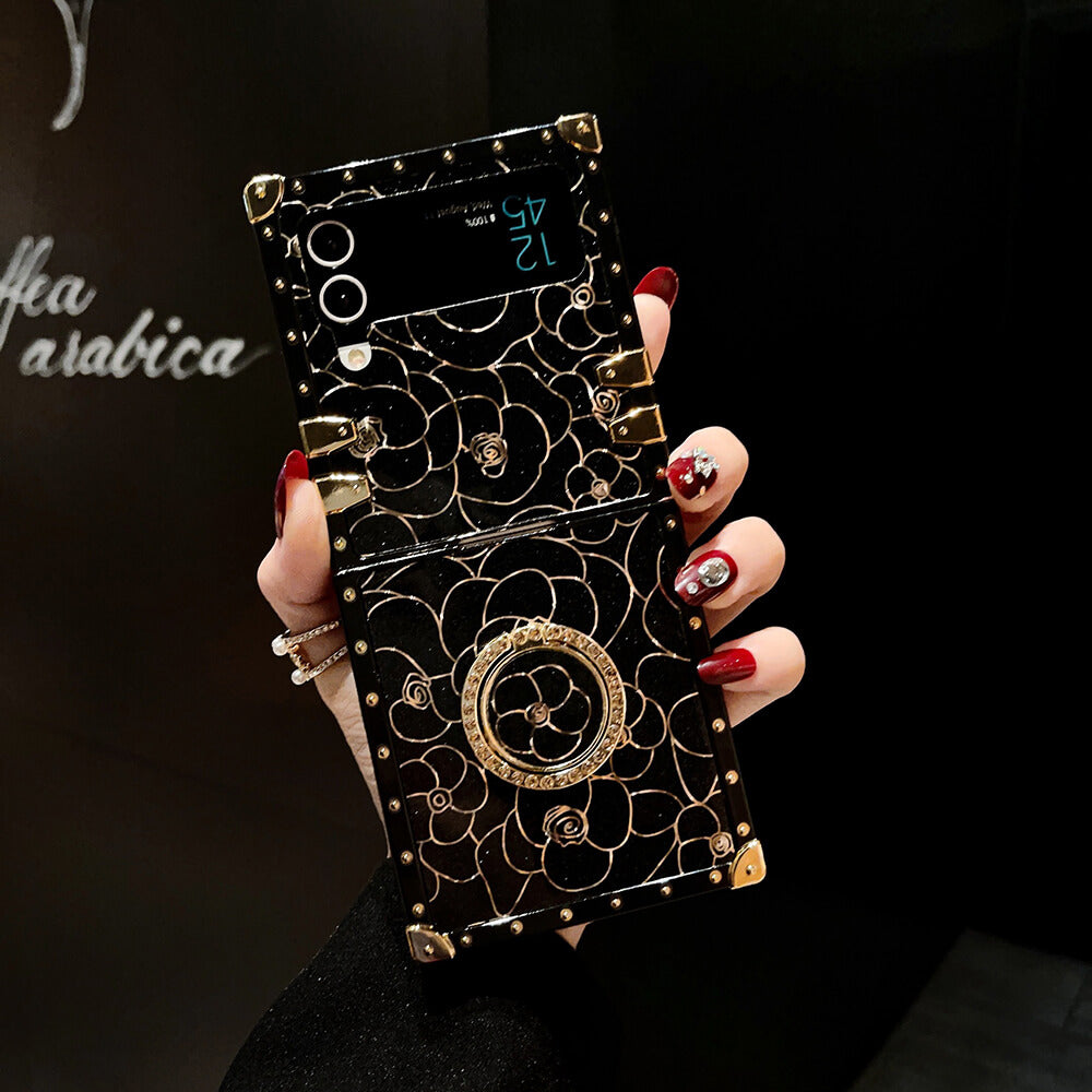 Luxury Brand Camellia Gold Plating Square Case For Samsung Galaxy Z Flip4 Flip3 5G - GiftJupiter