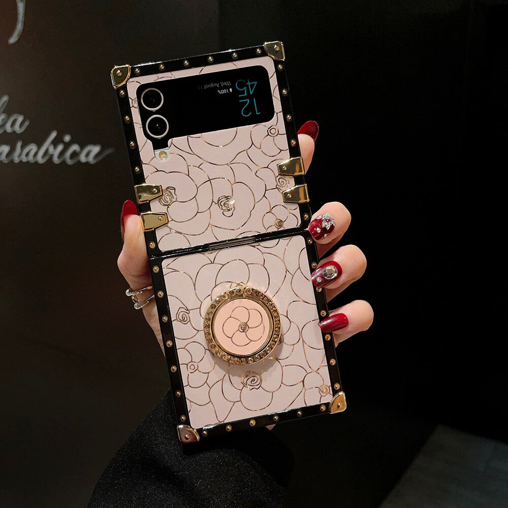 Luxury Brand Camellia Gold Plating Square Case For Samsung Galaxy Z Flip4 Flip3 5G - GiftJupiter