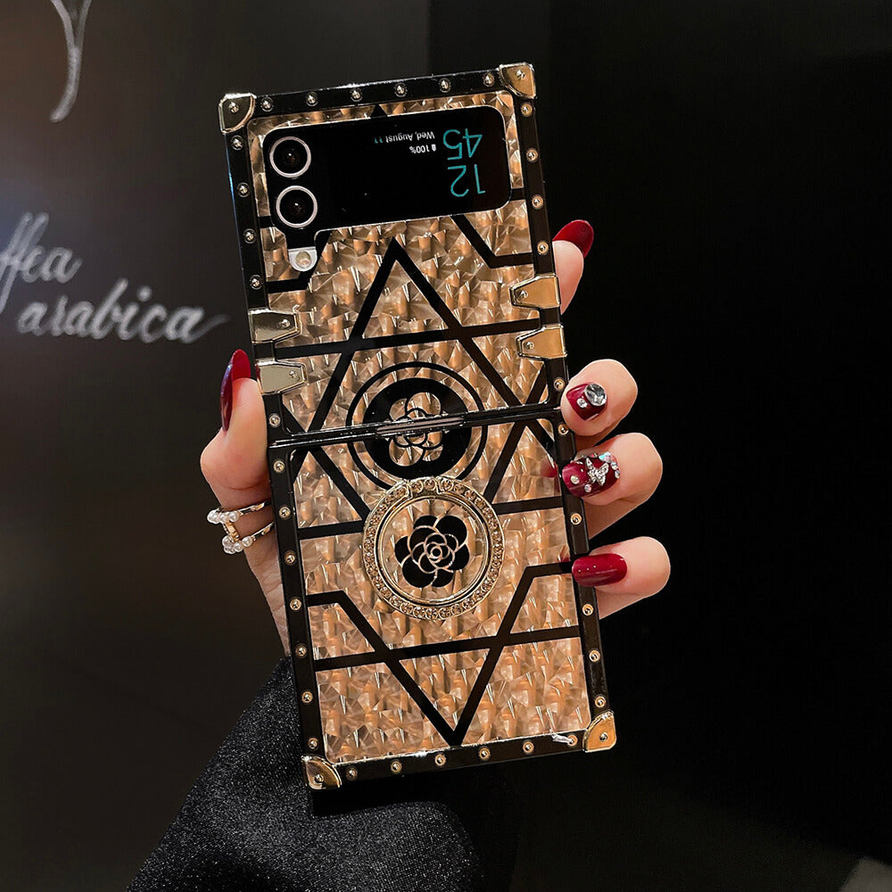 Luxury Brand Black Rose Flower Stripe Glitter Gold Lanyard for Samsung Galaxy Z Flip4 Flip3 - GiftJupiter