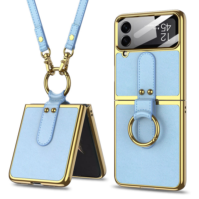 Luxury Leather Back Screen Tempered Glass Hard Frame Cover For Samsung Z Flip4 Flip3 5G With Lanyard - GiftJupiter