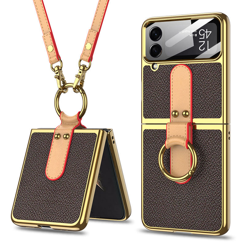 Luxury Leather Back Screen Tempered Glass Hard Frame Cover For Samsung Z Flip4 Flip3 5G With Lanyard - GiftJupiter