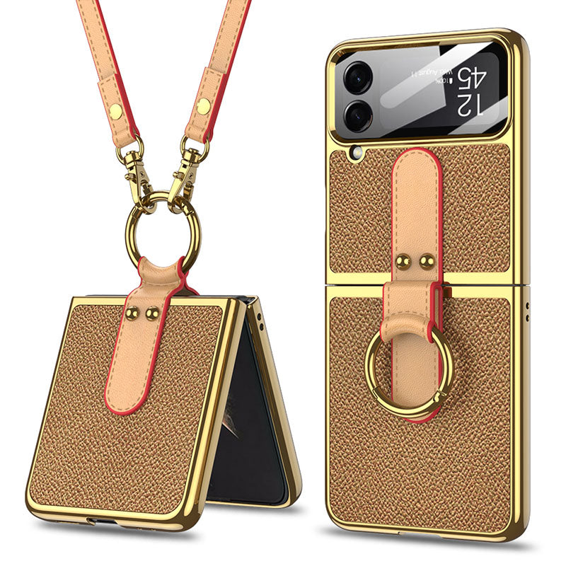 Luxury Leather Back Screen Tempered Glass Hard Frame Cover For Samsung Z Flip4 Flip3 5G With Lanyard - GiftJupiter