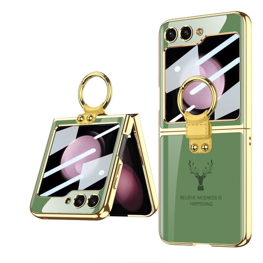 Electroplating Deer Pattern Ring Holder Drop-proof Phone Case With Back Screen Protector For Samsung Galaxy Z Flip5