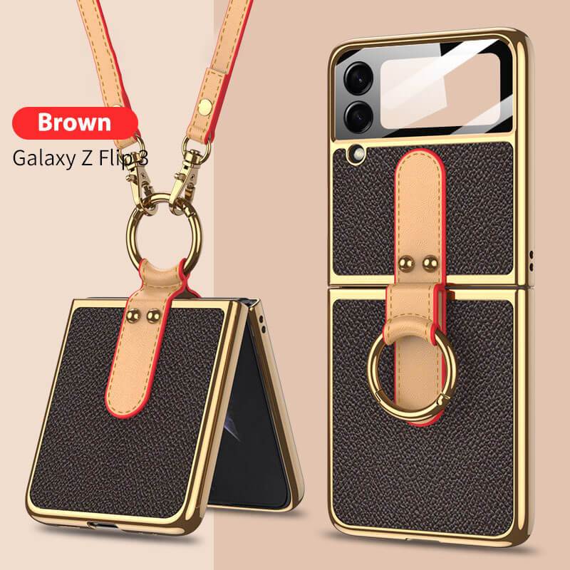Original Leather Back Screen Tempered Glass Hard Frame Cover For Samsung Z Flip4 Flip3 5G With Lanyard - GiftJupiter