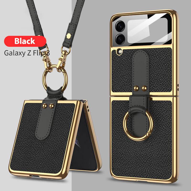 Original Leather Back Screen Tempered Glass Hard Frame Cover For Samsung Z Flip4 Flip3 5G With Lanyard - GiftJupiter