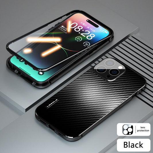 Magnetic Double Sided Tempered Glass Screen Protector Carbon Fiber Back Panel All-Inclusive Lens iPhone Case