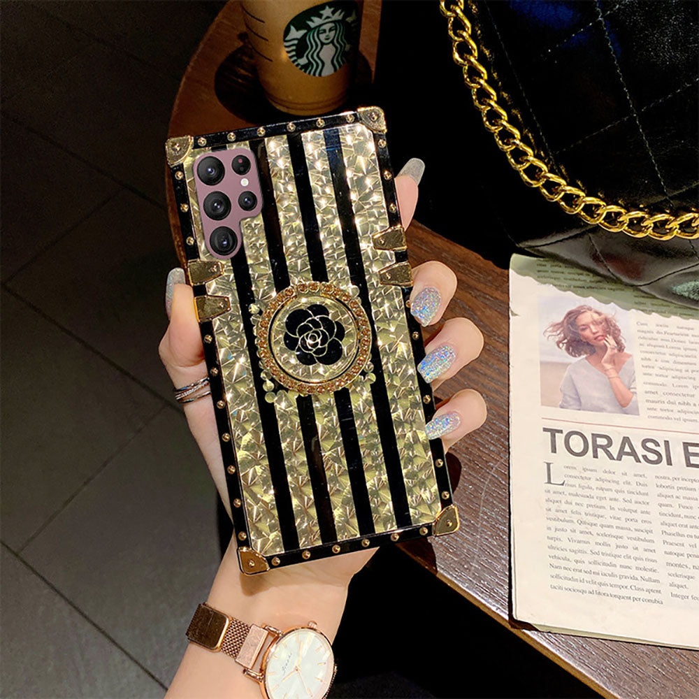 Newest Luxury Brand Black Rose Flower Stripe Glitter Gold Square For Samsung Galaxy