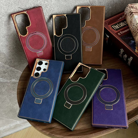 Invisible Magnetic Holder Electroplated Leather Phone Case For Samsung Galaxy