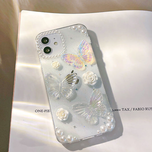 French Retro Pearl Flower Glitter Butterfly Phone Case For iPhone