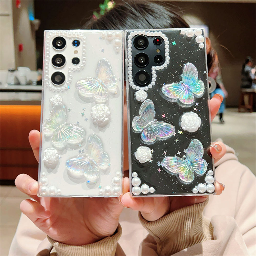 French Retro Pearl Flower Glitter Butterfly Phone Case For Samsung Galaxy