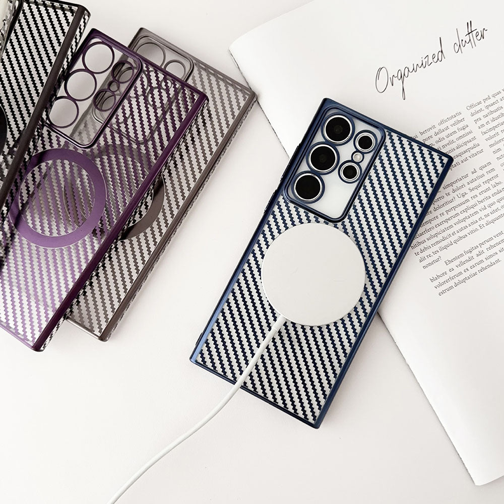 Newest Electroplating Transparent Carbon Fiber Pattern Magnetic Phone Case For Samsung Galaxy