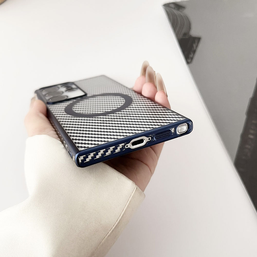 Newest Electroplating Transparent Carbon Fiber Pattern Magnetic Phone Case For Samsung Galaxy