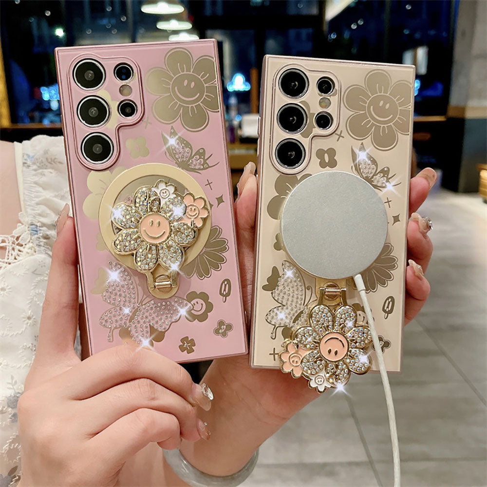 Newest Rhinestone Smiling Sunflower Magnetic Holder Phone Case For Samsung Galaxy