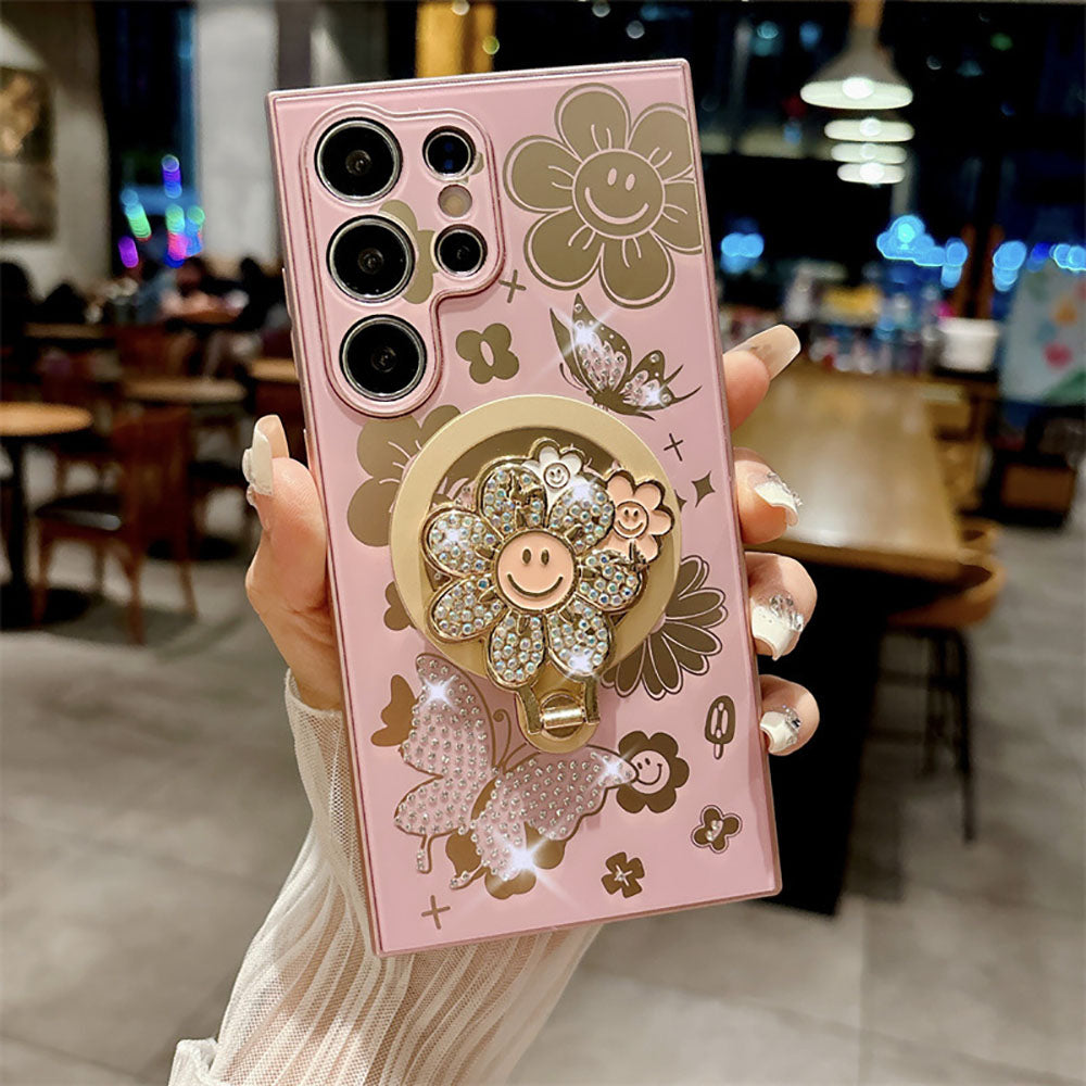 Newest Rhinestone Smiling Sunflower Magnetic Holder Phone Case For Samsung Galaxy