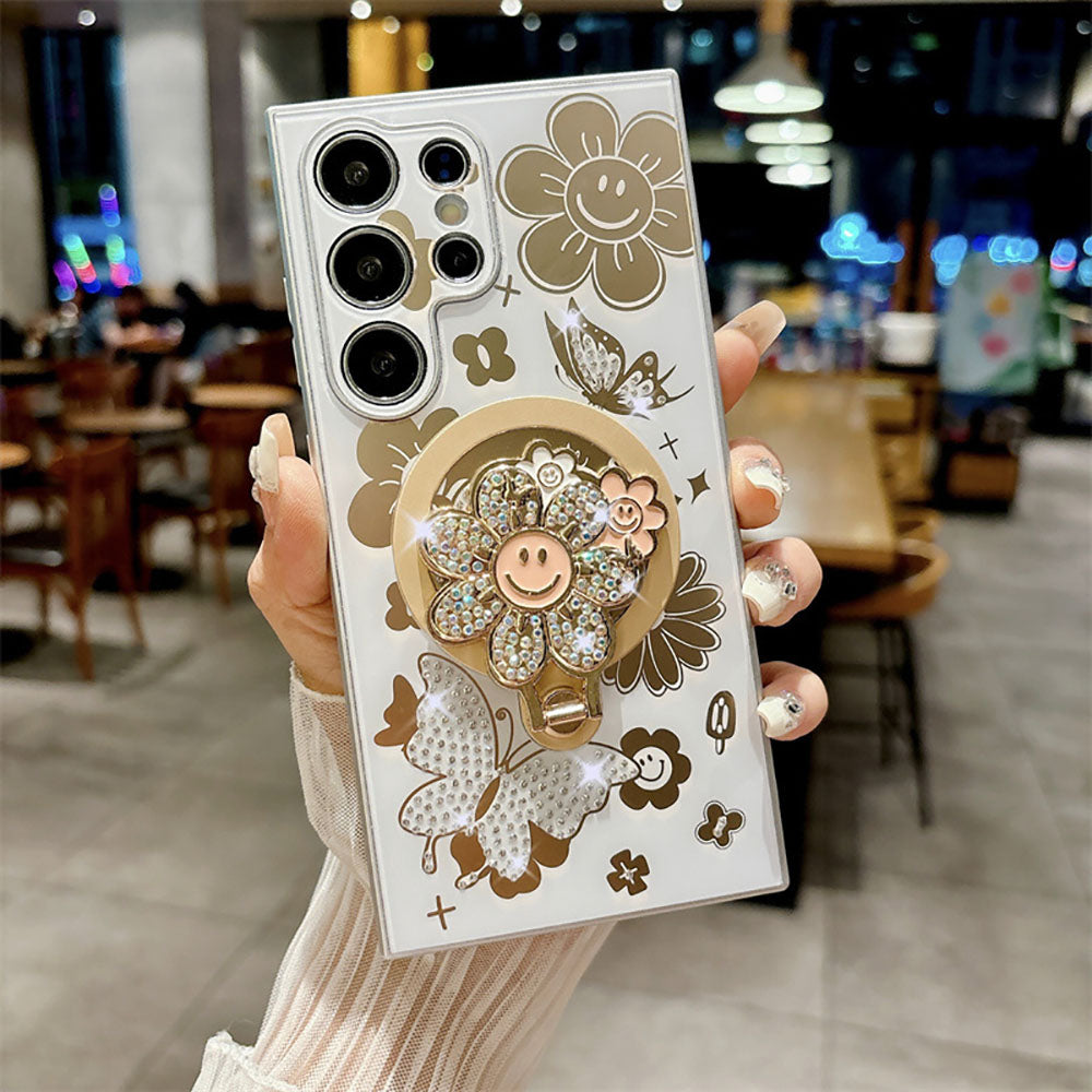 Newest Rhinestone Smiling Sunflower Magnetic Holder Phone Case For Samsung Galaxy