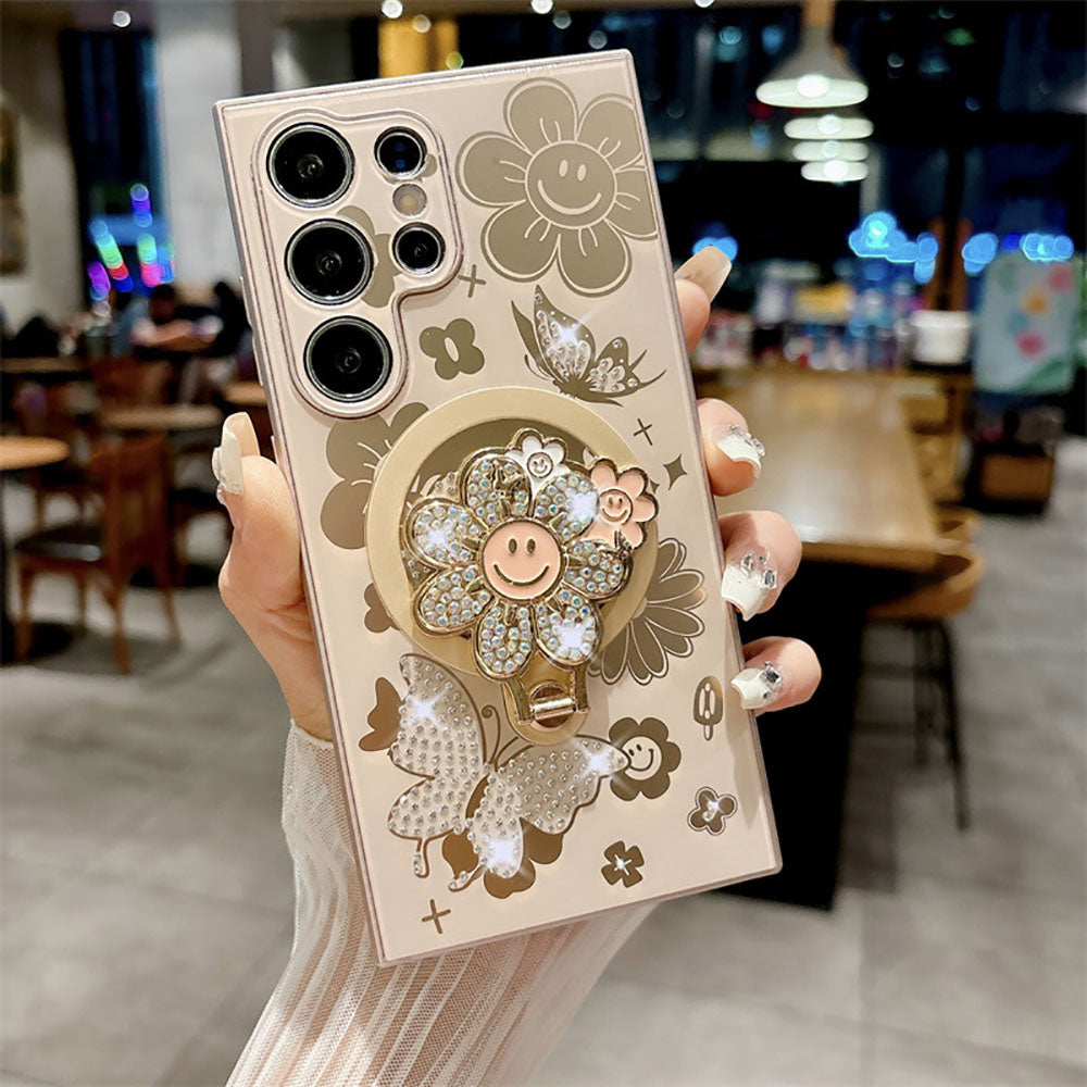 Newest Rhinestone Smiling Sunflower Magnetic Holder Phone Case For Samsung Galaxy