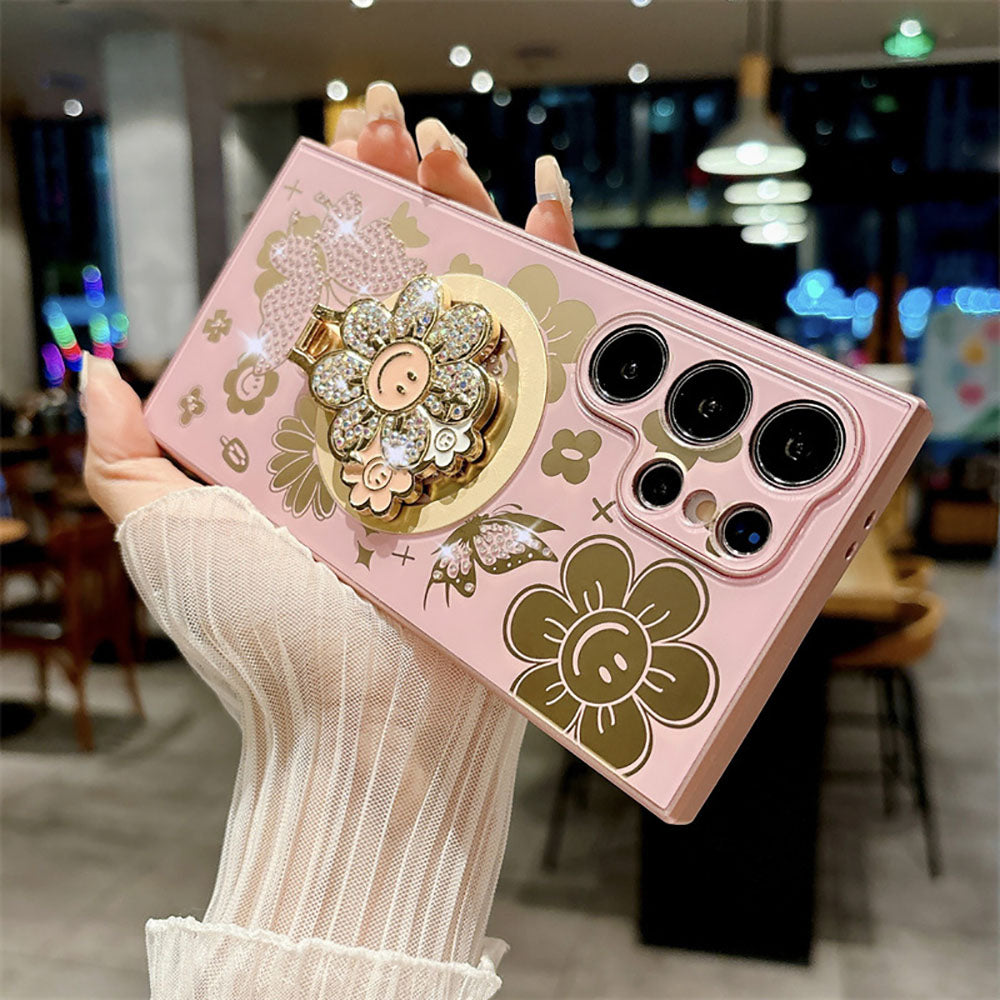 Newest Rhinestone Smiling Sunflower Magnetic Holder Phone Case For Samsung Galaxy