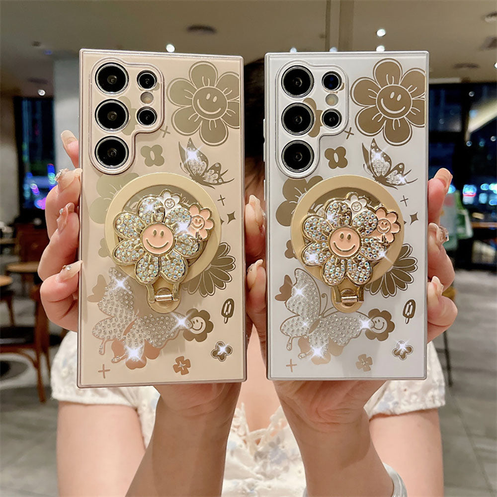 Newest Rhinestone Smiling Sunflower Magnetic Holder Phone Case For Samsung Galaxy