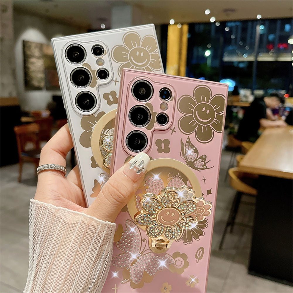 Newest Rhinestone Smiling Sunflower Magnetic Holder Phone Case For Samsung Galaxy